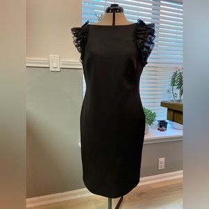 Calvin Klein sheath Black dress, organza ruffled shoulders; size 12